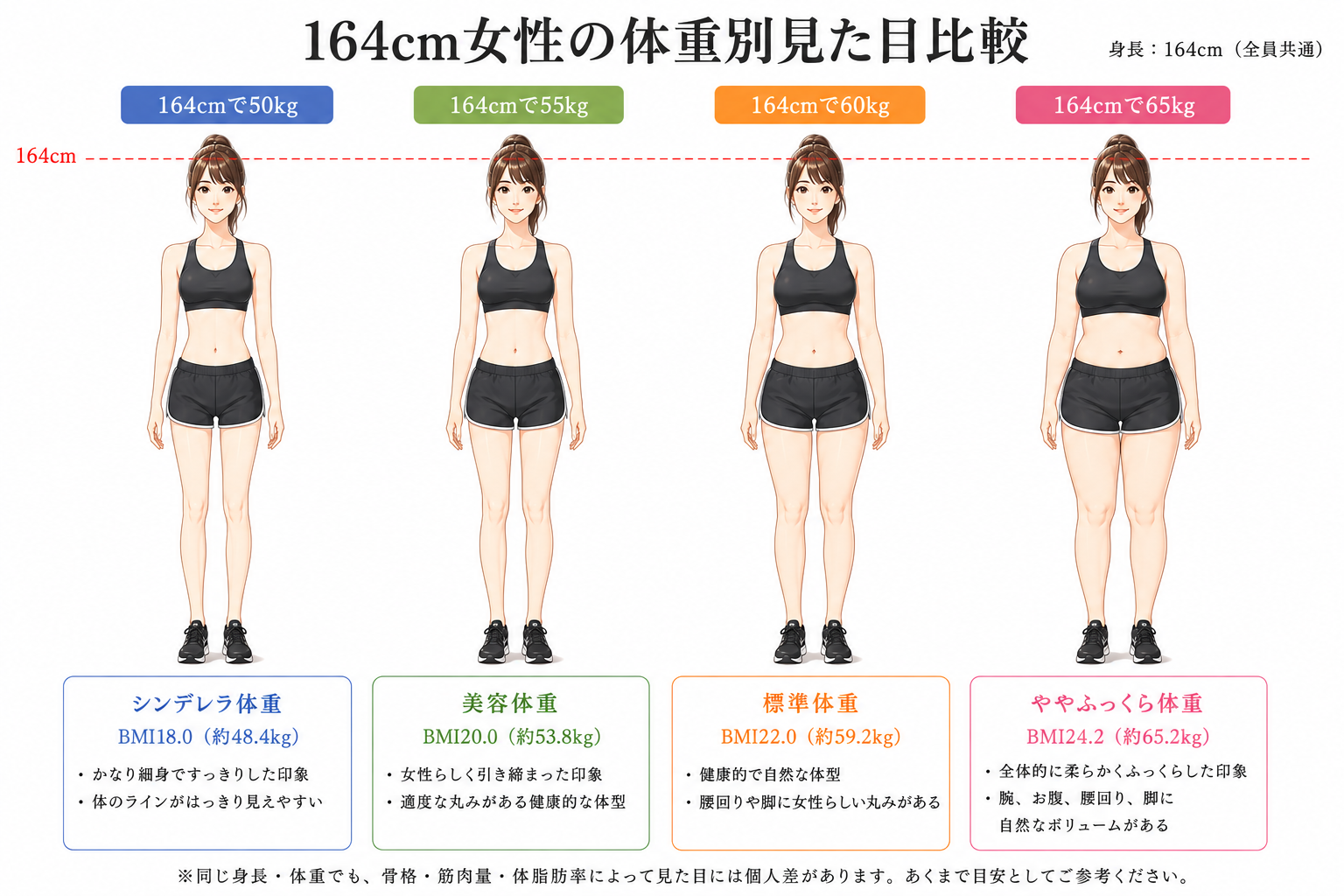 【体重別】164cm女性の見た目イメージ